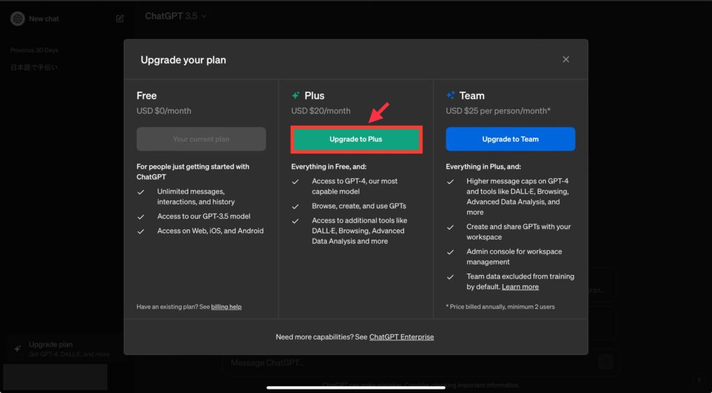 ChatGPT Plus 支払いプラン画面