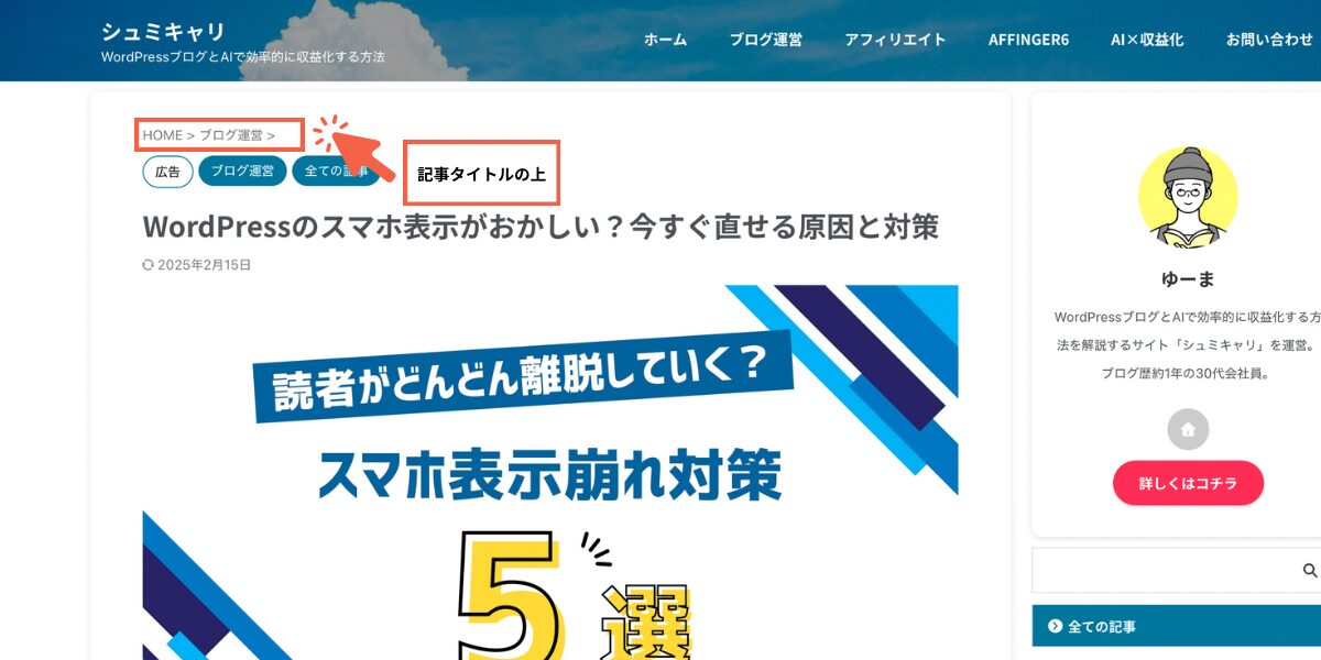 WordPress パンくずリスト - パンくずリスト外観_記事タイトル上に表示確認